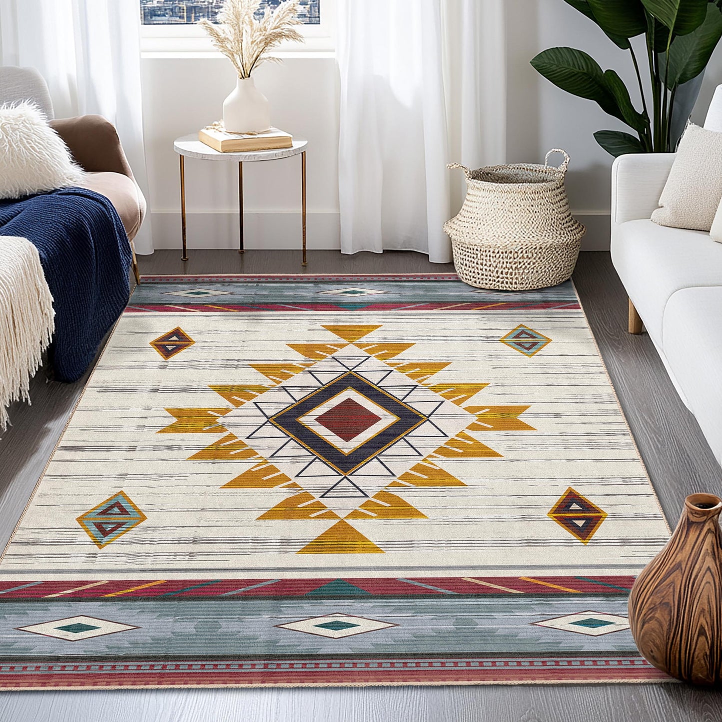 Geometric Patterned Rectangle Rug | Tribal Design Carpet for Living Room | Soft Cotton Area Mat | Stylish Home Decor