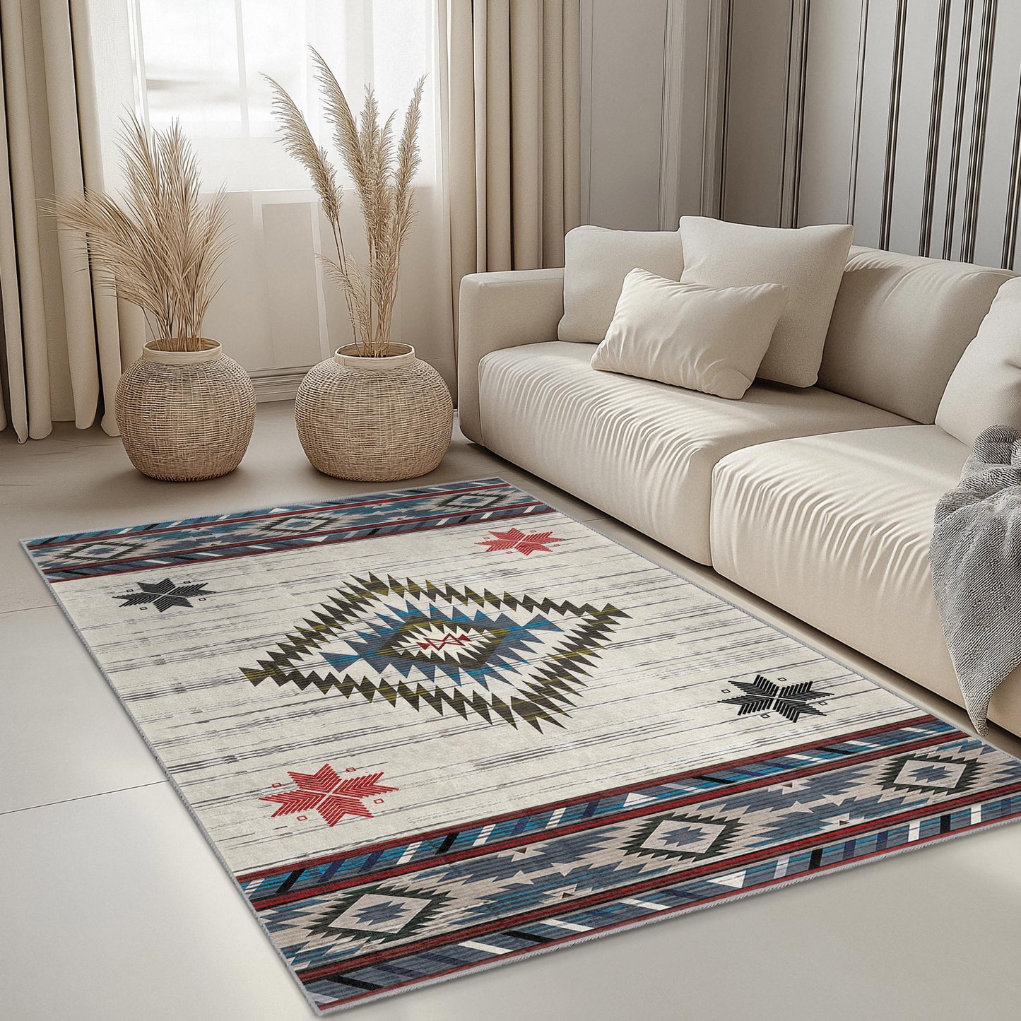 Geometric Patterned Rectangle Rug | Southwestern Style Carpet | Bohemian Home Decor | Modern Living Room Mat