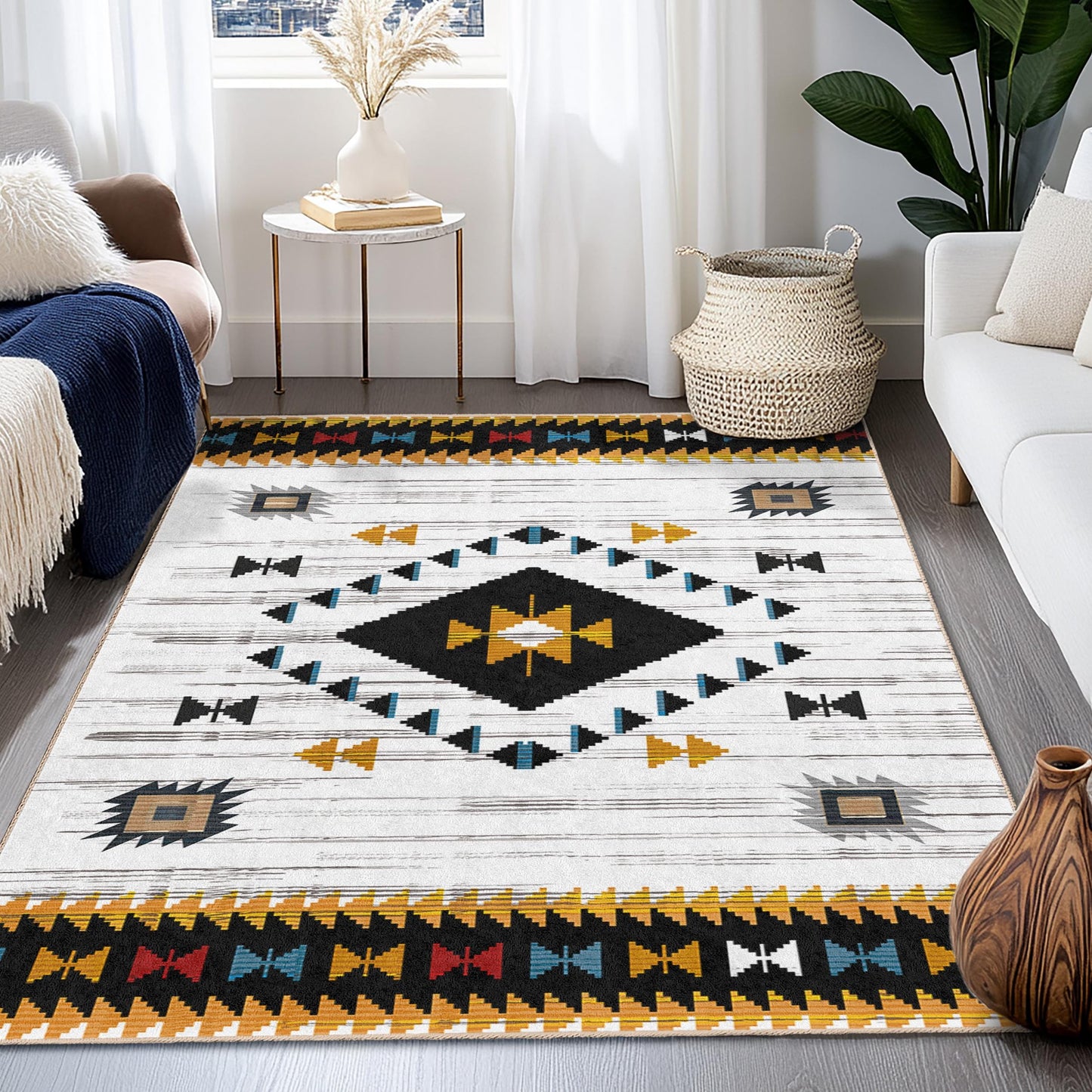 Geometric Patterned Washable Rectangular Area Rug | Modern Tribal Design Carpet | Stylish Living Room Decor | Bohemian Home Accent