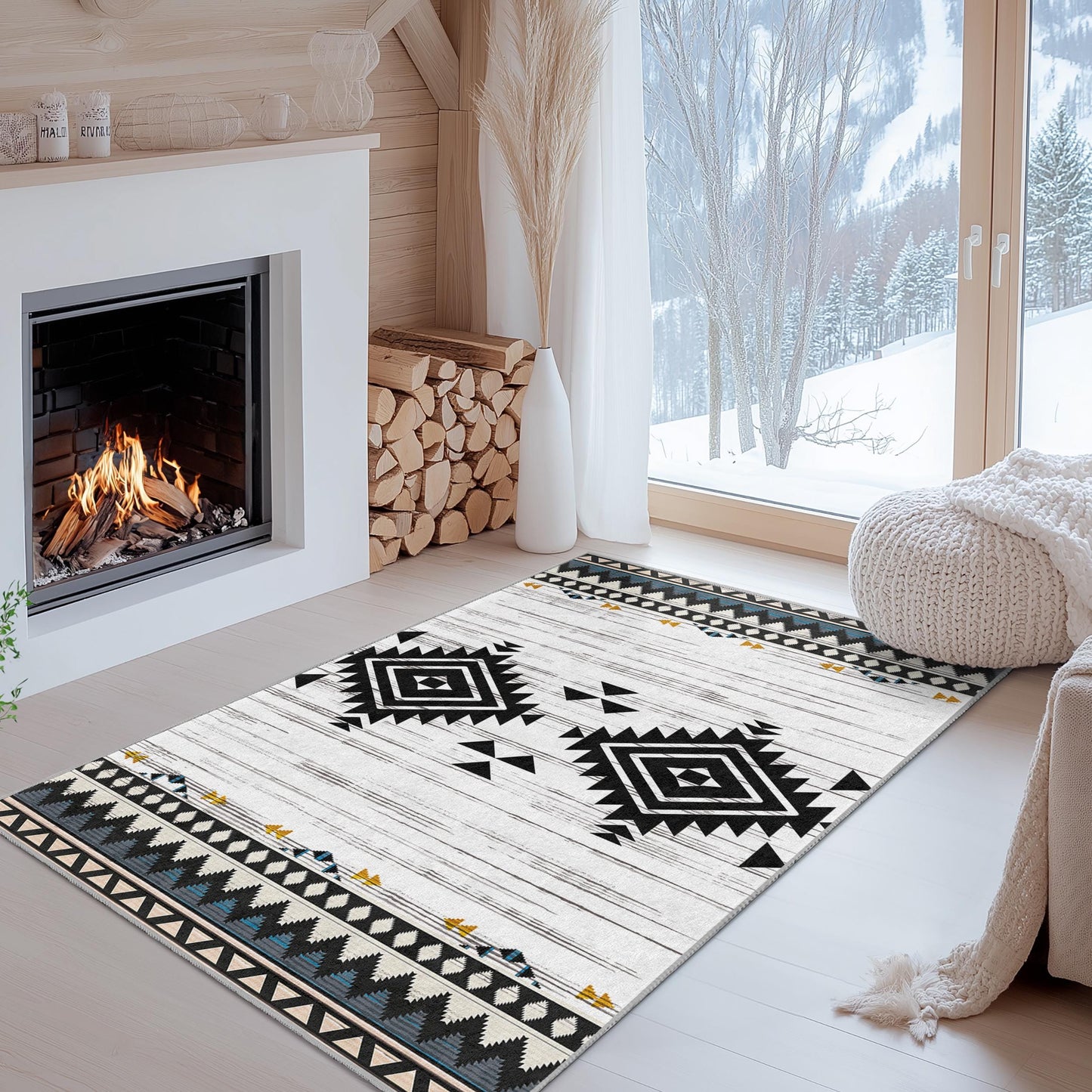 Geometric Patterned Rectangular Area Rug | Boho Chic Living Room Carpet | Modern Home Decor | Stylish Black and White Rug
