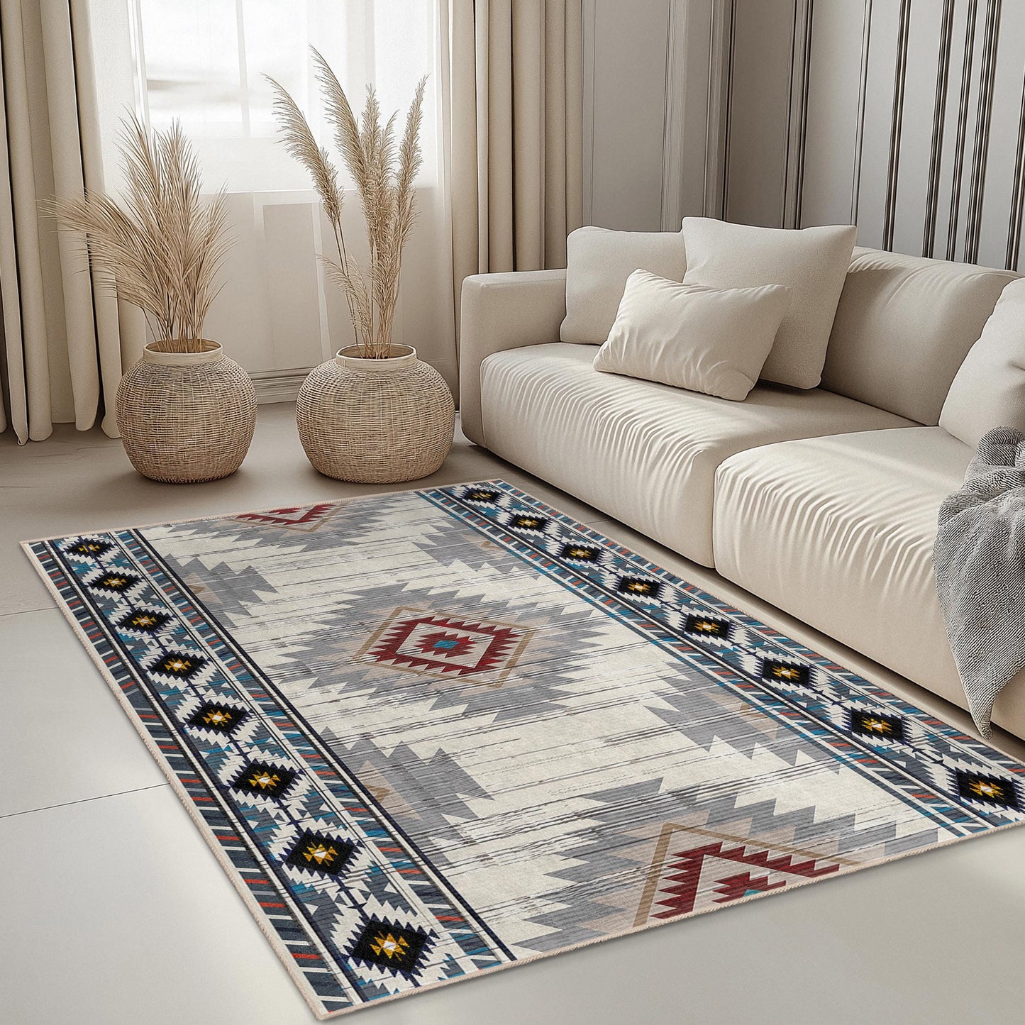 Geometric Patterned Rectangle Area Rug | Modern Bohemian Living Room Carpet | Soft Washable Floor Mat | Stylish Home Decor
