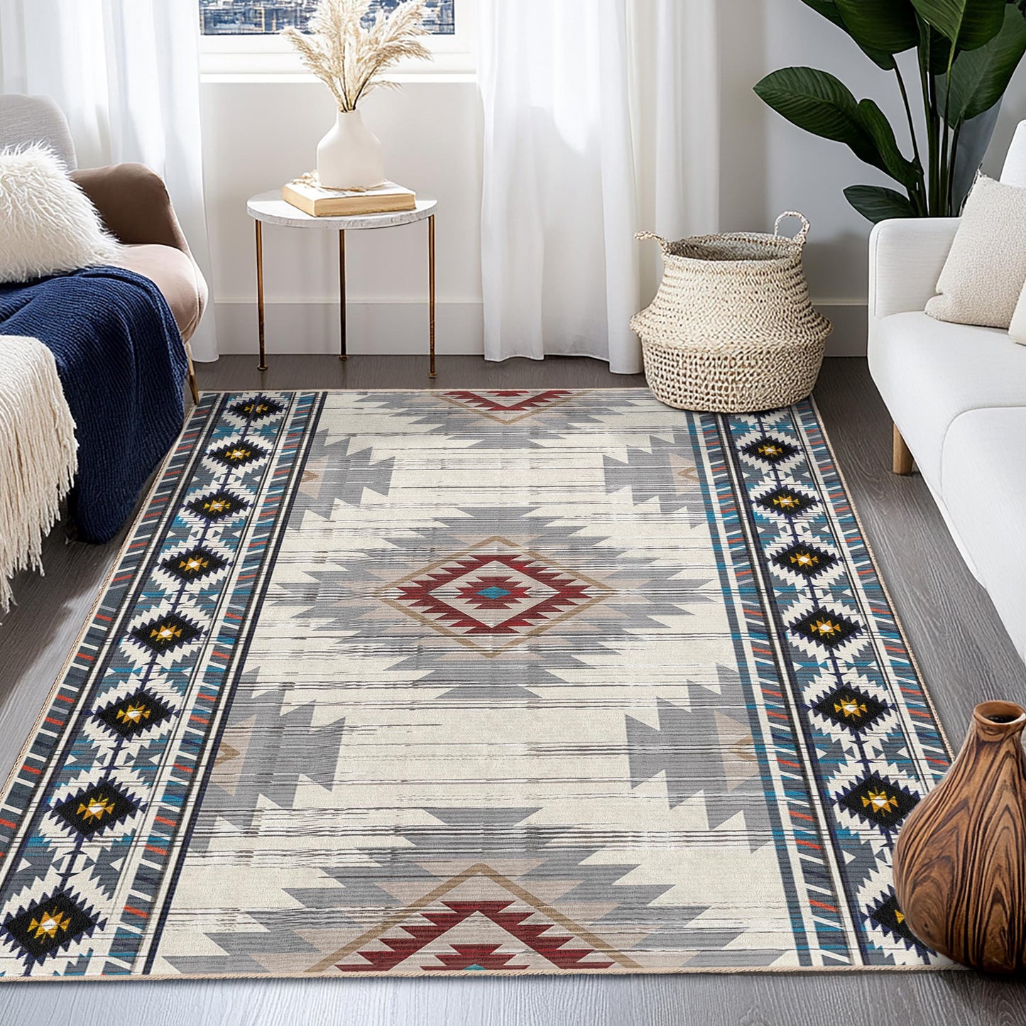 Geometric Patterned Rectangle Area Rug | Modern Bohemian Living Room Carpet | Soft Washable Floor Mat | Stylish Home Decor