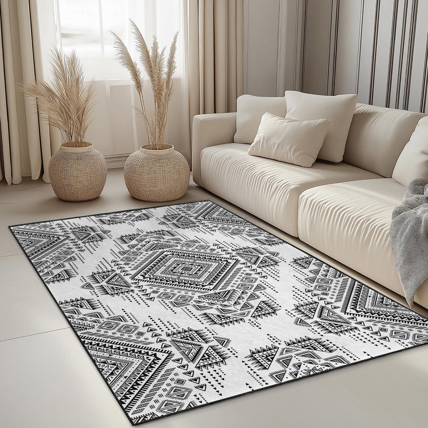 Geometric Black and White Rectangular Rug | Stylish Modern Carpet for Living Room | Elegant Home Decor | Durable Area Mat