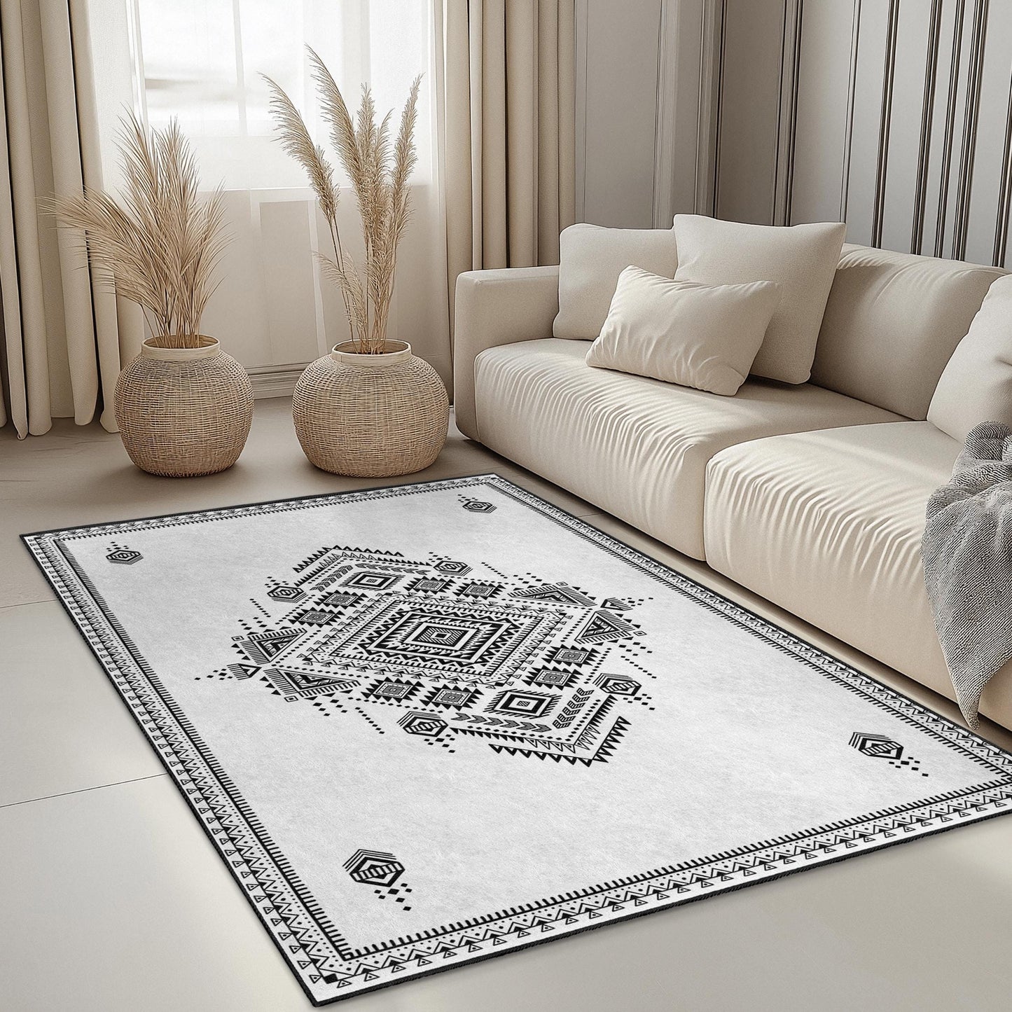 Geometric Black and White Rectangular Rug | Stylish Bohemian Area Carpet | Modern Home Decor | Chic Geometric Floor Mat
