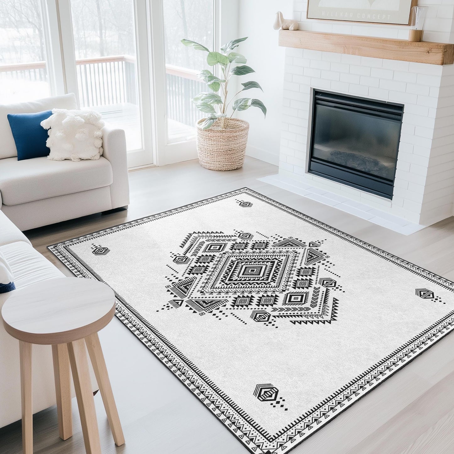 Geometric Black and White Rectangular Rug | Stylish Bohemian Area Carpet | Modern Home Decor | Chic Geometric Floor Mat