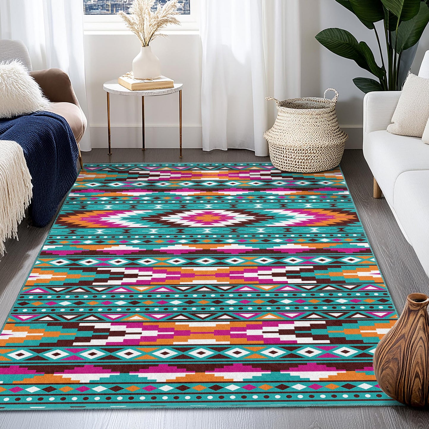 Colorful Geometric Patterned Rectangular Washable Area Rug | Bohemian Chic Home Decor | Vibrant Living Room Carpet | Stylish Tribal Design