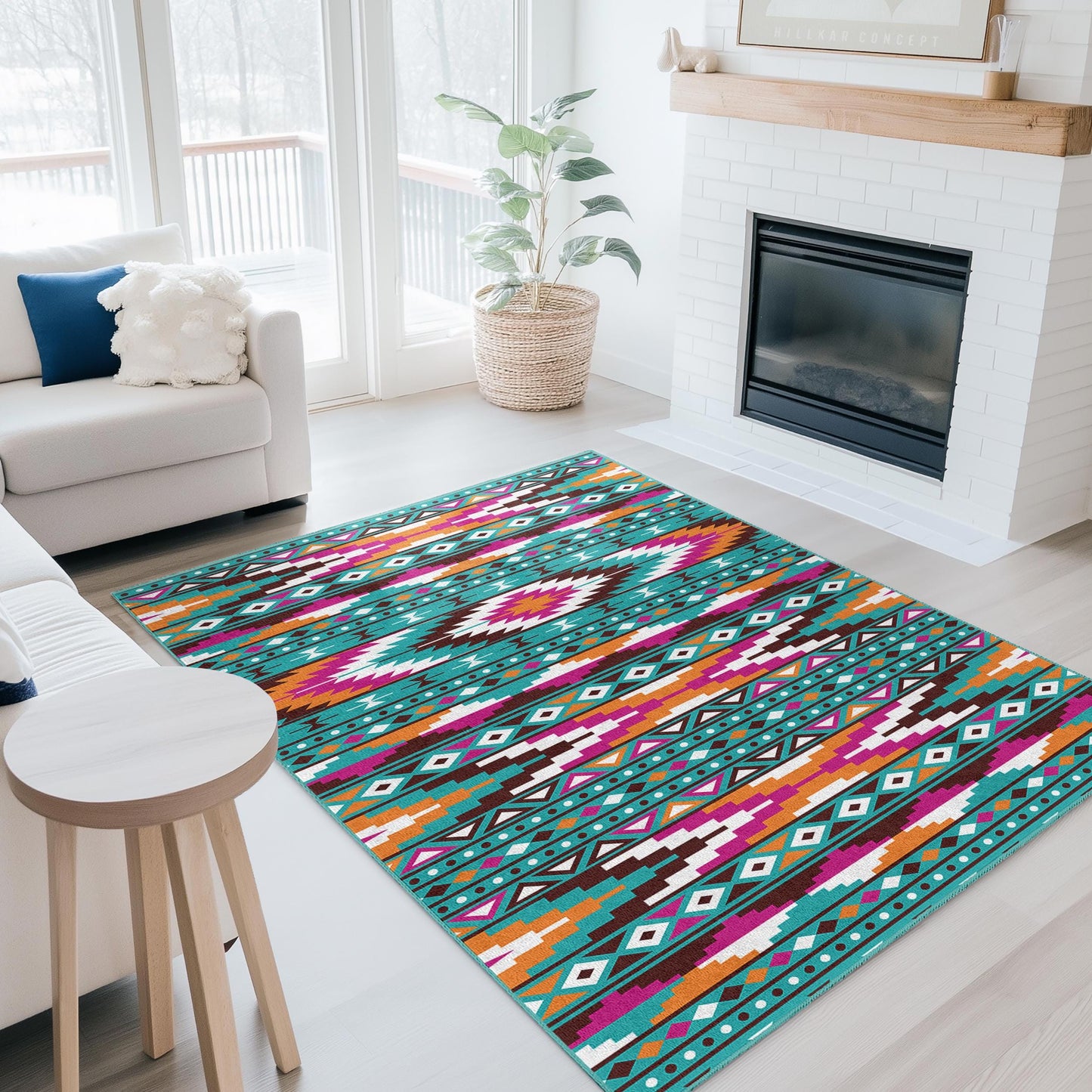 Colorful Geometric Patterned Rectangular Washable Area Rug | Bohemian Chic Home Decor | Vibrant Living Room Carpet | Stylish Tribal Design