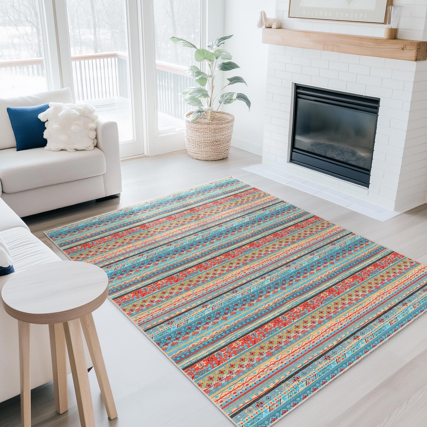 Colorful Geometric Pattern Rectangular Rug | Vibrant Bohemian Style Carpet | Modern Living Room Decor | Soft Washable Area Mat