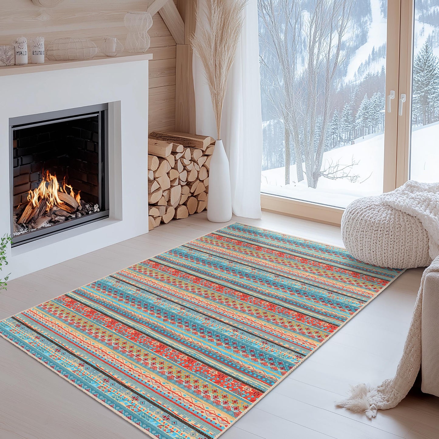 Colorful Geometric Pattern Rectangular Rug | Vibrant Bohemian Style Carpet | Modern Living Room Decor | Soft Washable Area Mat