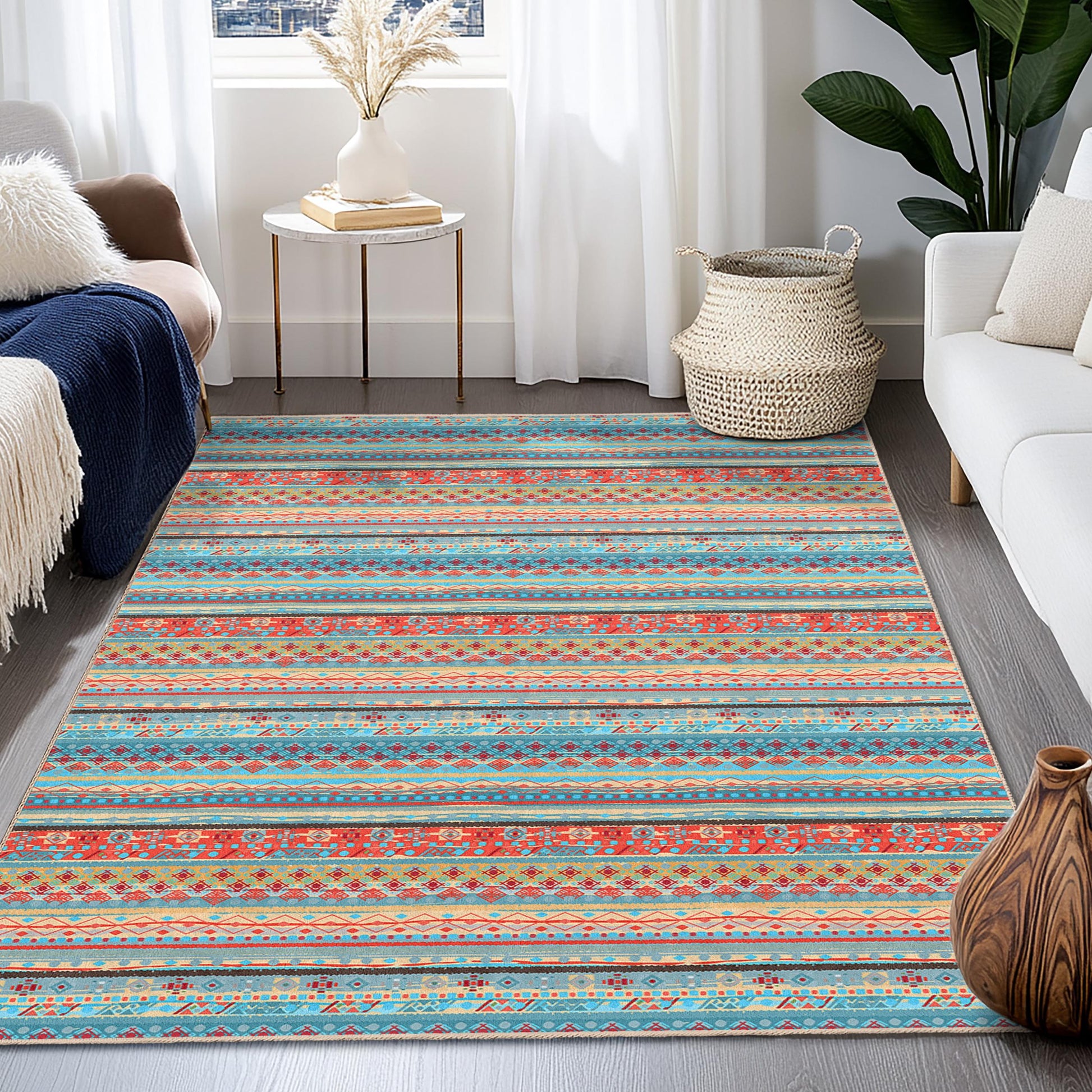 Colorful Geometric Pattern Rectangular Rug | Vibrant Bohemian Style Carpet | Modern Living Room Decor | Soft Washable Area Mat