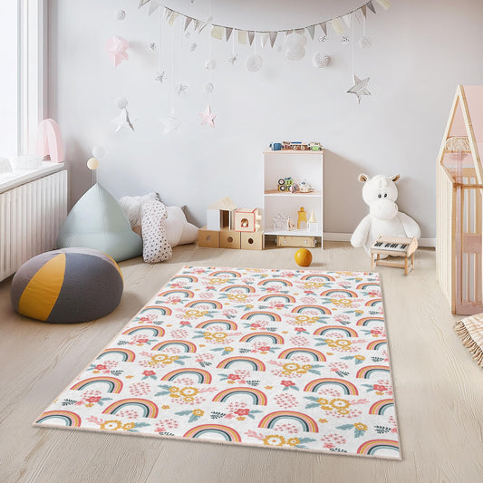 Rainbow Floral Themed Rectangular Kids Rug, Colorful Flower Kids Carpet, Playroom Decor, Nursery Mat, Kids Room Rug