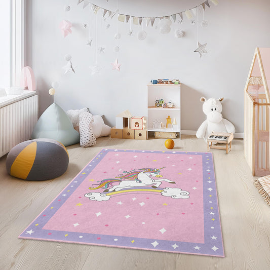 Magical Unicorn Kids Rug, Rainbow Unicorn Carpet for Playroom, Rectangle Kids Room Mat, Soft Nursery Decor, Fantasy Child's Rug