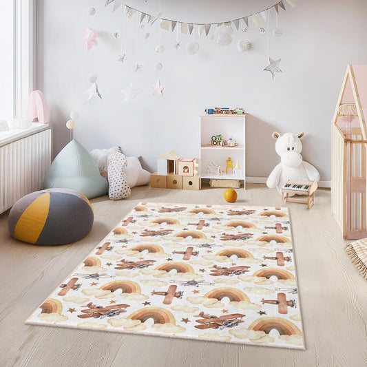Vintage Airplane Rainbow Kids Rug, Rectangular Playroom Carpet, Airplane Nursery Decor, Kids Room Rug, Childrens Play Mat
