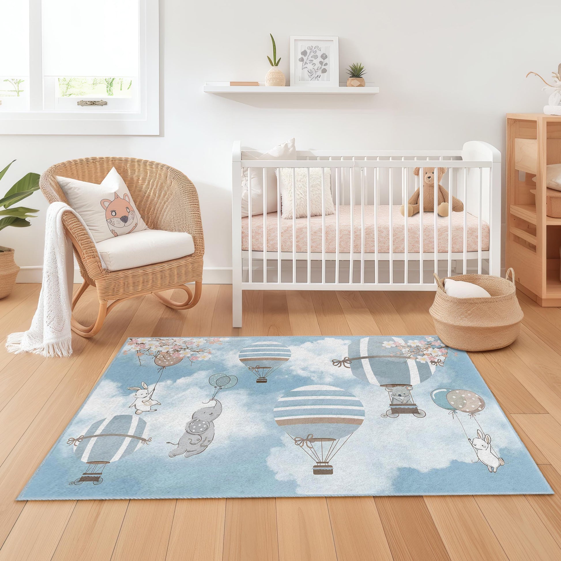 Whimsical Hot Air Balloon Kids Rectangular Rug, Nursery Decor, Soft Play Mat for Children's Room, Playroom Carpet, Baby Shower Gift