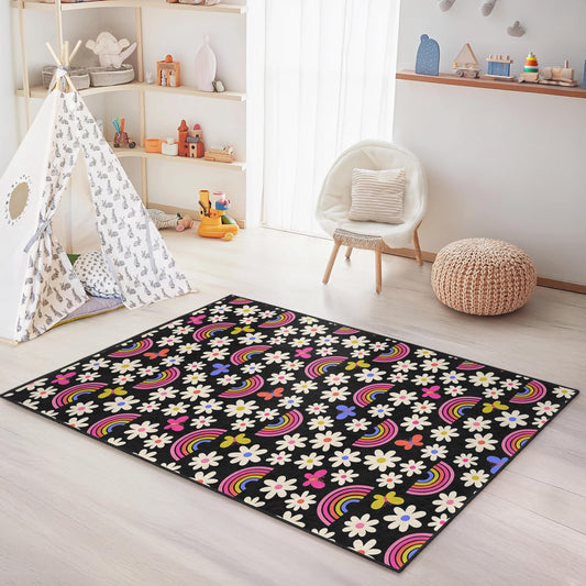 Colorful Rainbow and Flower Kids Area Rug, Rectangular Kids Room Carpet, Playroom Decor, Nursery Rug, Floral Children's Rug