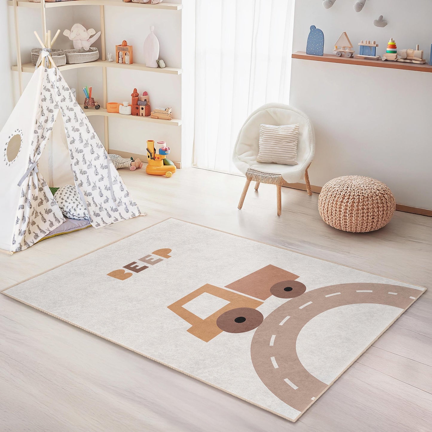 Beeping Truck Kids Rug, Cute Truck Playmat, Rectangle Kids Room Carpet, Fun Nursery Decor, Soft Play Room Rug