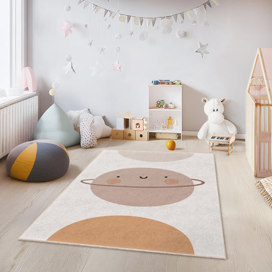 Cute Planet Themed Rectangular Kids Rug, Soft Cartoon Planet Carpet for Nursery, Playroom Decor, Children's Room Rug