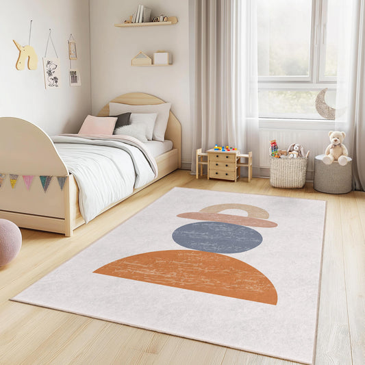 Colorful Geometric Shapes Rectangular Kids Rug, Modern Playroom Carpet, Childrens Room Decor, Soft Area Rug, Nursery Floor Mat