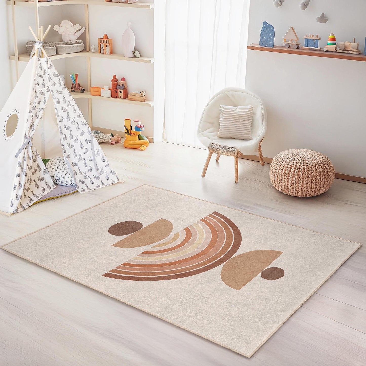 Geometric Pattern Kids Rectangle Rug, Modern Boho Style Carpet for Children, Soft Nursery Decor, Playroom Area Rug