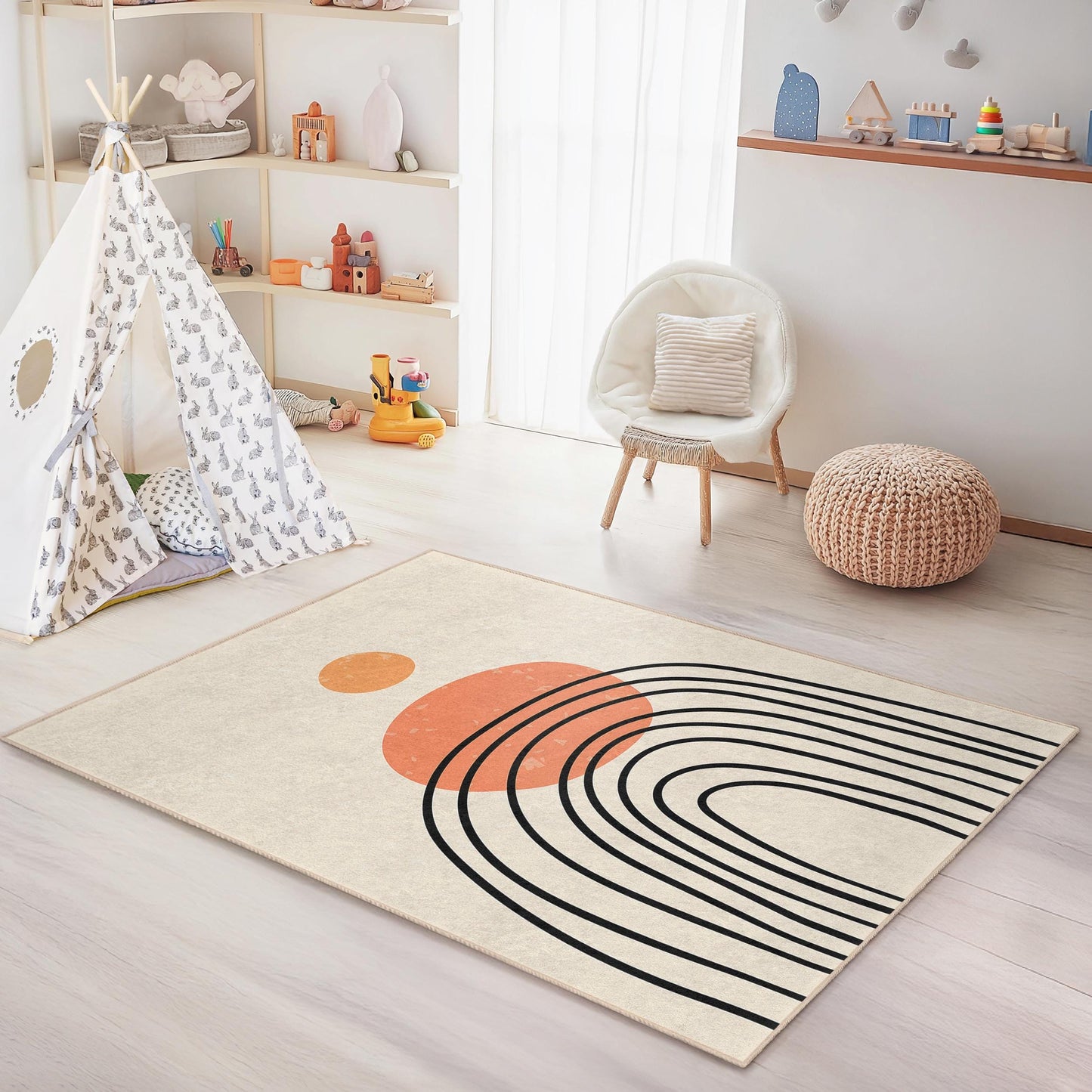 Modern Abstract Rainbow Area Rug, Rectangular Kids Room Carpet, Colorful Playroom Decor, Soft Nursery Rug, Unique Geometric Design