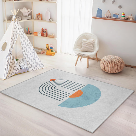 Geometric Rainbow Kids Room Rug, Colorful Rectangular Play Mat, Modern Nursery Decor, Soft Area Rug for Children