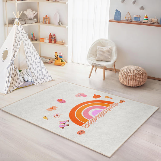 Colorful Rainbow Print Rectangle Rug for Kids Room, Playful Nursery Decor, Soft Area Carpet, Kids Room Floor Mat