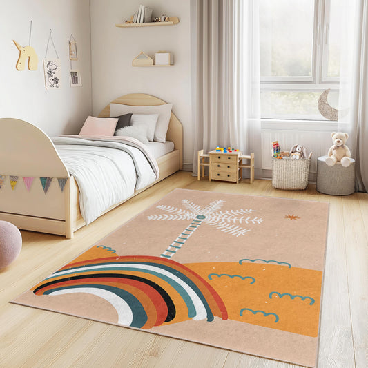 Rainbow Palm Tree Kids Rug, Colorful Tropical Nursery Carpet, Rectangular Playroom Mat, Childrens Room Decor, Vibrant Kids Rug