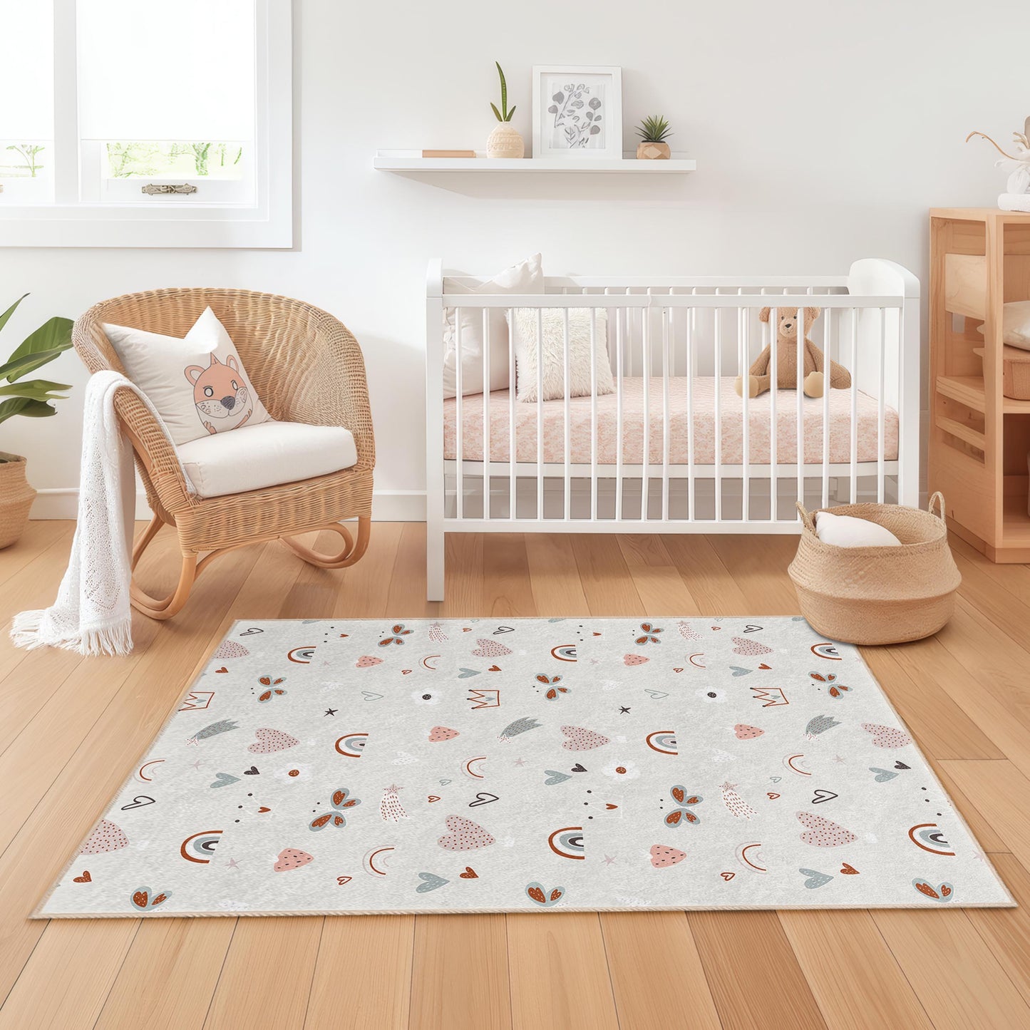 Whimsical Hearts and Butterflies Rectangular Kids Rug, Colorful Playroom Carpet, Nursery Area Rug, Childrens Room Decor