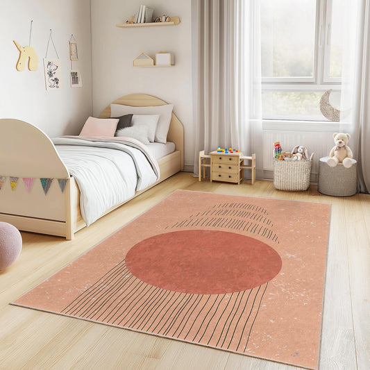Abstract Circle Pattern Rectangular Kids Rug, Modern Nursery Carpet, Stylish Playroom Decor, Soft Childrens Rug, Geometric Design Rug