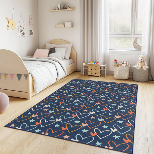 Colorful Heart Pattern Kids Rug, Rectangle Playroom Carpet, Adorable Nursery Area Rug, Soft Decorative Mat for Children's Room