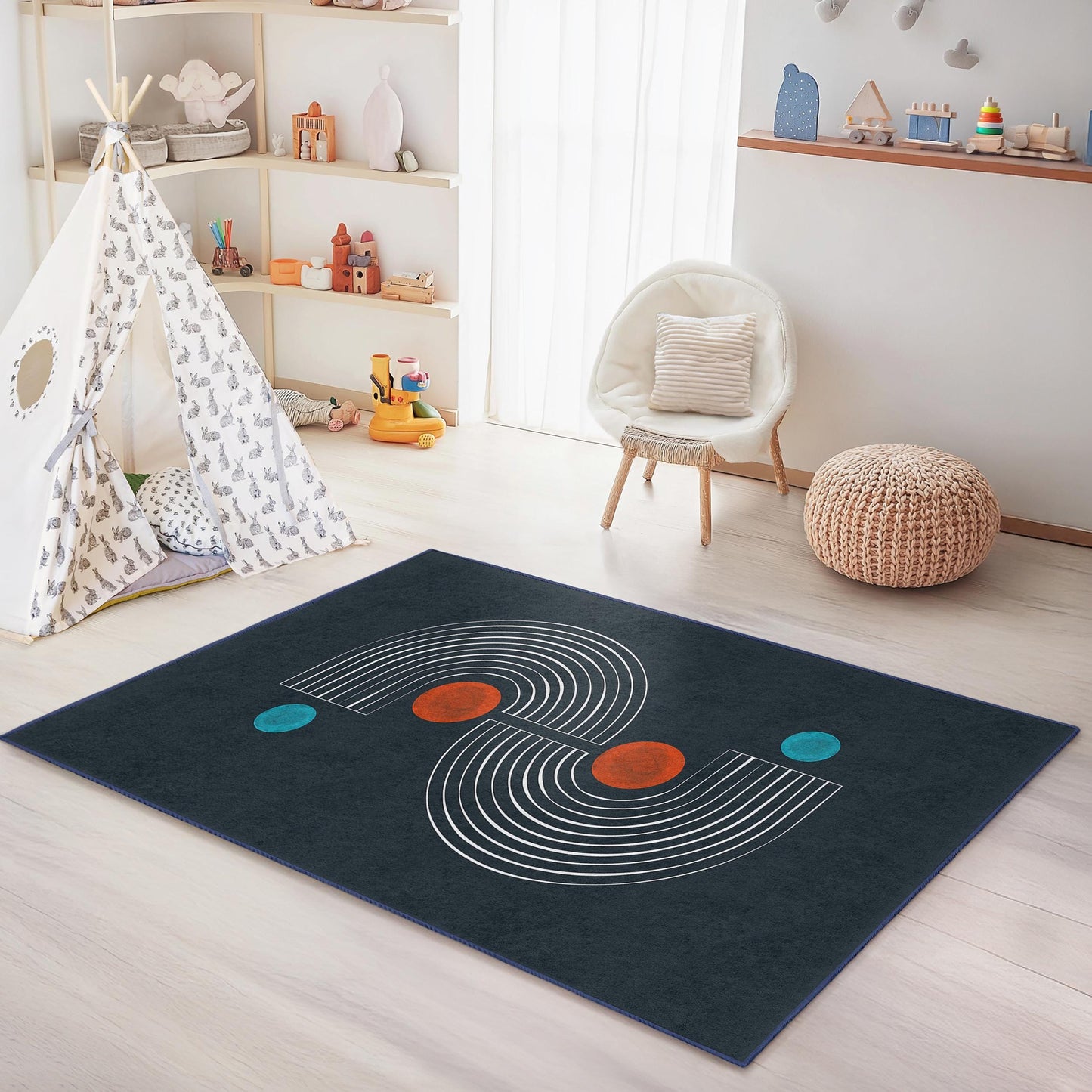 Geometric Lines Rectangular Kids Rug, Modern Design Playroom Carpet, Stylish Nursery Decor, Colorful Patterned Area Rug