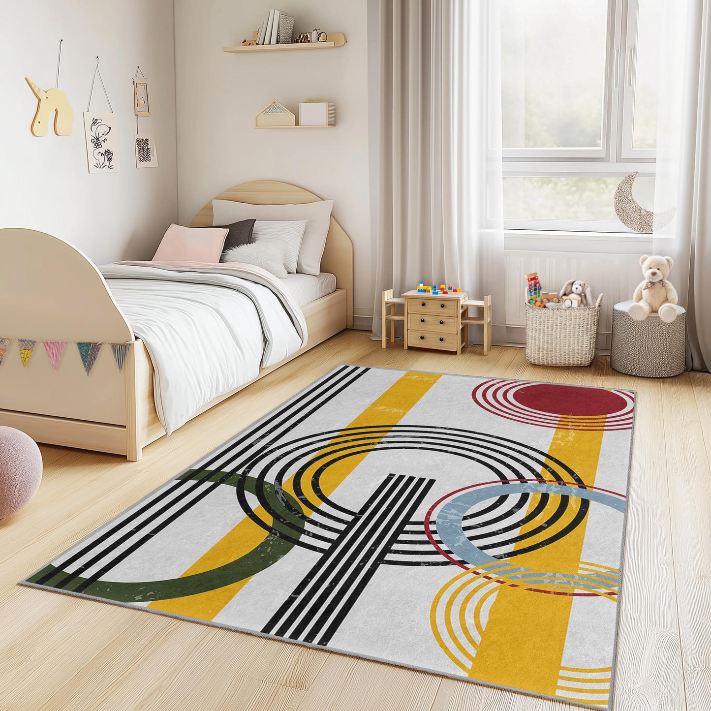 Geometric Circle Design Kids Rug, Colorful Rectangular Play Mat, Modern Nursery Decor, Playroom Carpet, Child's Room Rug