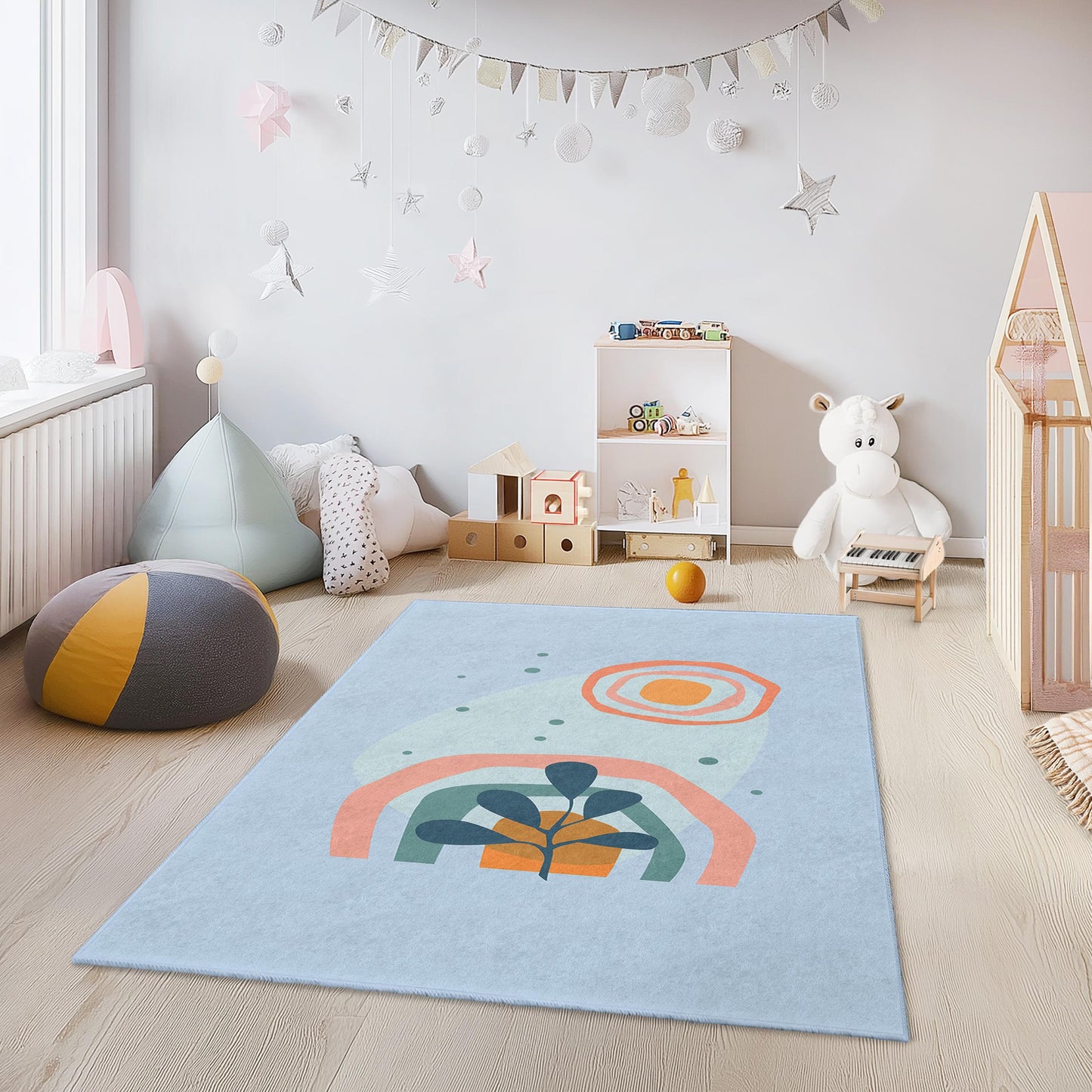 Abstract Rainbow Plant Rectangular Kids Area Rug, Colorful Nursery Carpet, Modern Kids Room Decor, Cozy Playroom Mat