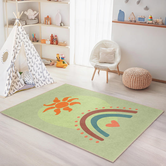 Rainbow Sun Kids Rectangular Rug, Colorful Playroom Carpet, Nursery Decor, Soft Play Mat for Children, Rainbow Decor