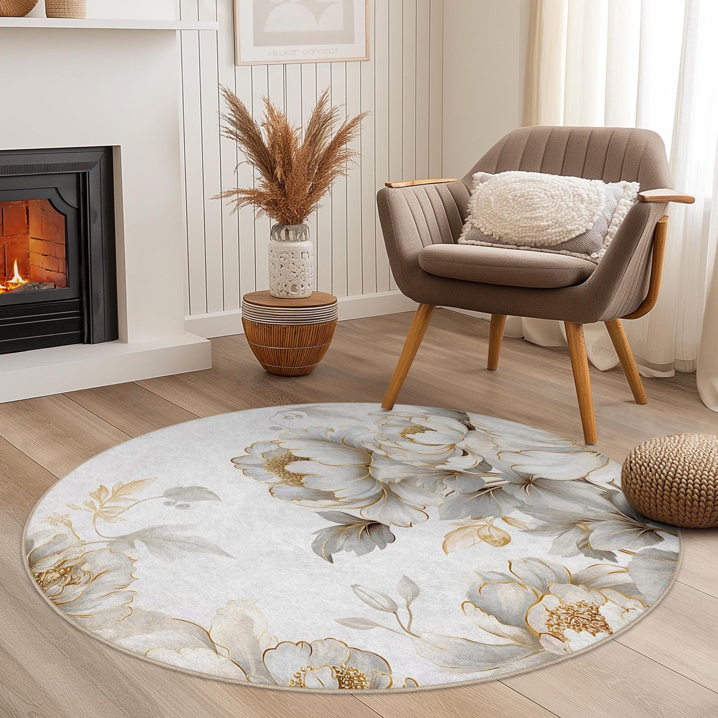 Elegant Floral Round Area Rug, White Peony Design, Soft Round Carpet for Living Room, Bedroom, Home Decor