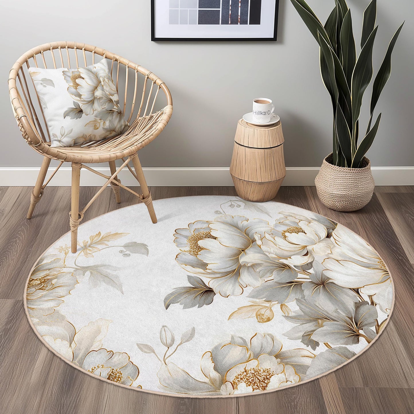 Elegant Floral Round Area Rug, White Peony Design, Soft Round Carpet for Living Room, Bedroom, Home Decor