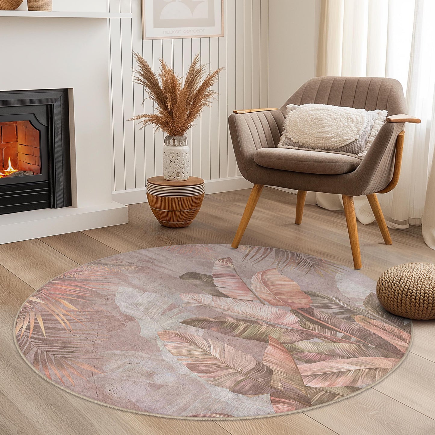 Tropical Leaves Round Area Rug, Bohemian Round Carpet for Living Room, Soft Round Rug for Bedroom, Elegant Round Home Decor