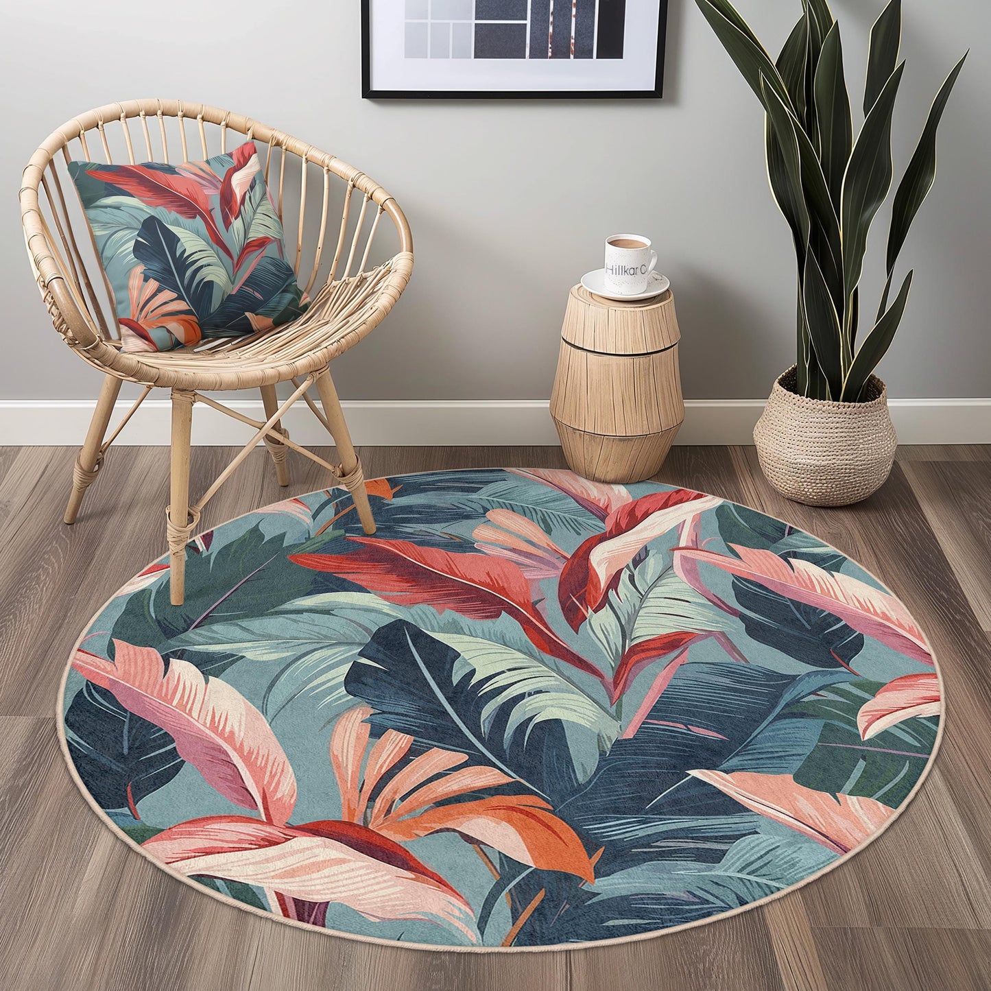 Tropical Leaf Round Area Rug, Botanical Pattern Round Rug, Floral Decor for Living Room, Soft Round Carpet for Kids Room
