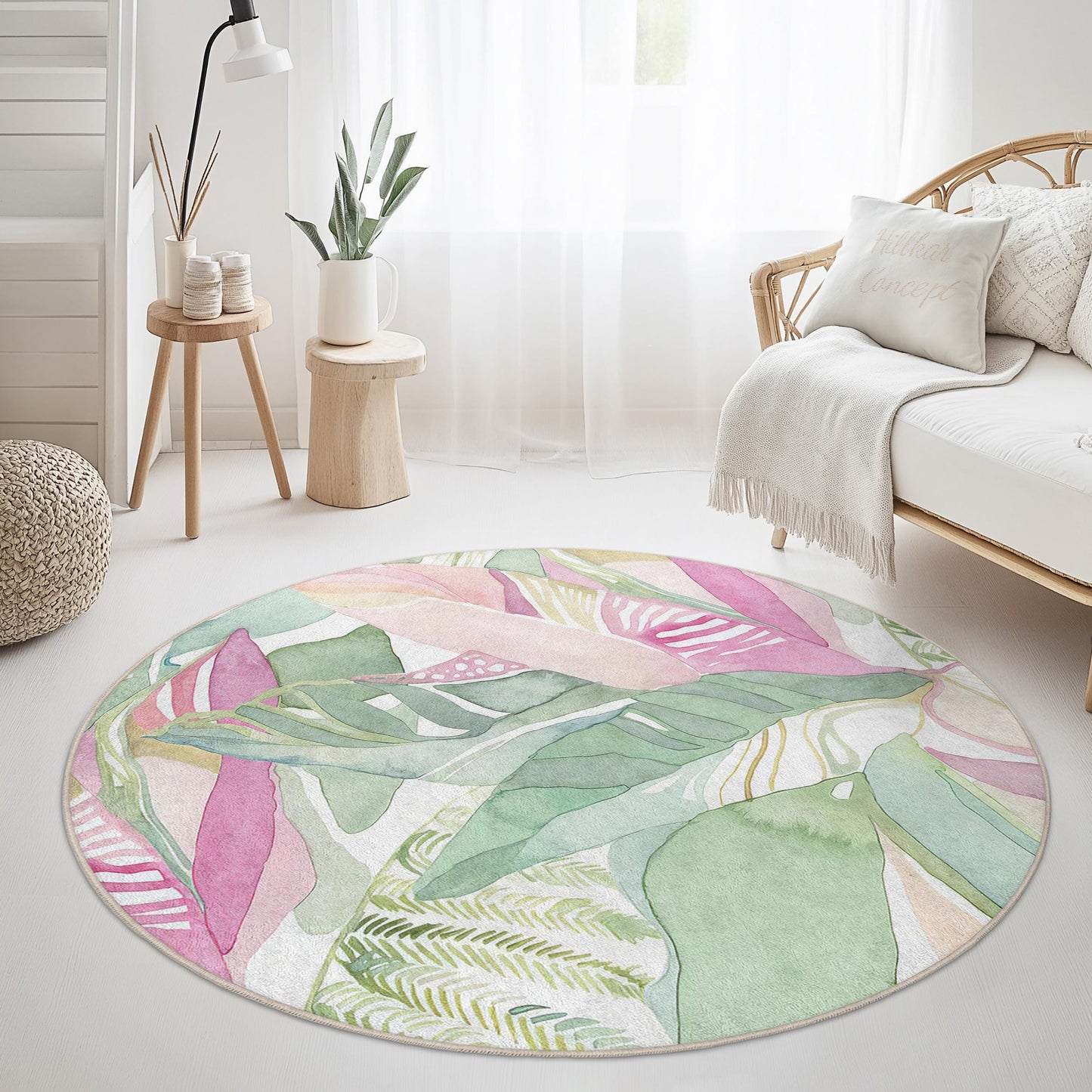 Watercolor Tropical Leaf Round Rug: Boho Botanical Home Decor
