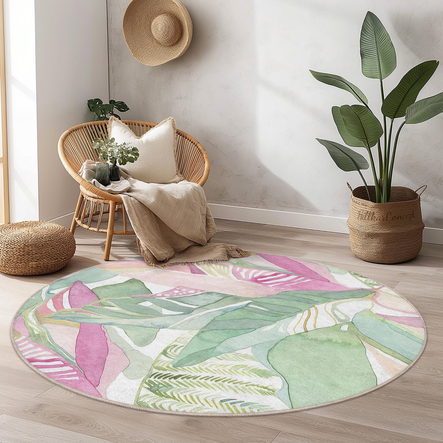 Watercolor Tropical Leaf Round Rug: Boho Botanical Home Decor
