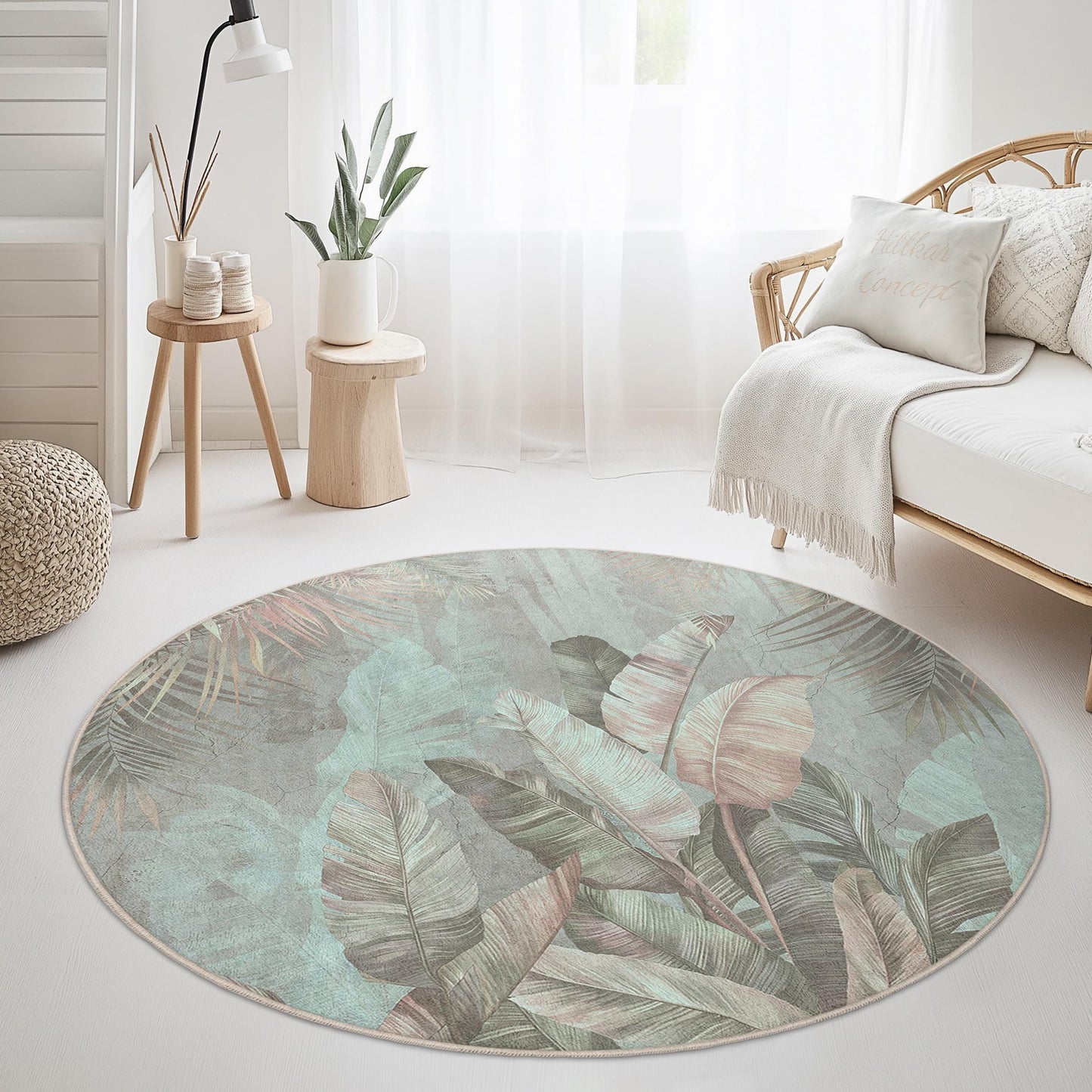 Tropical Leaves Round Area Rug, Botanical Circle Rug, Green Leaf Round Carpet, Bohemian Home Decor, Living Room Floor Mat