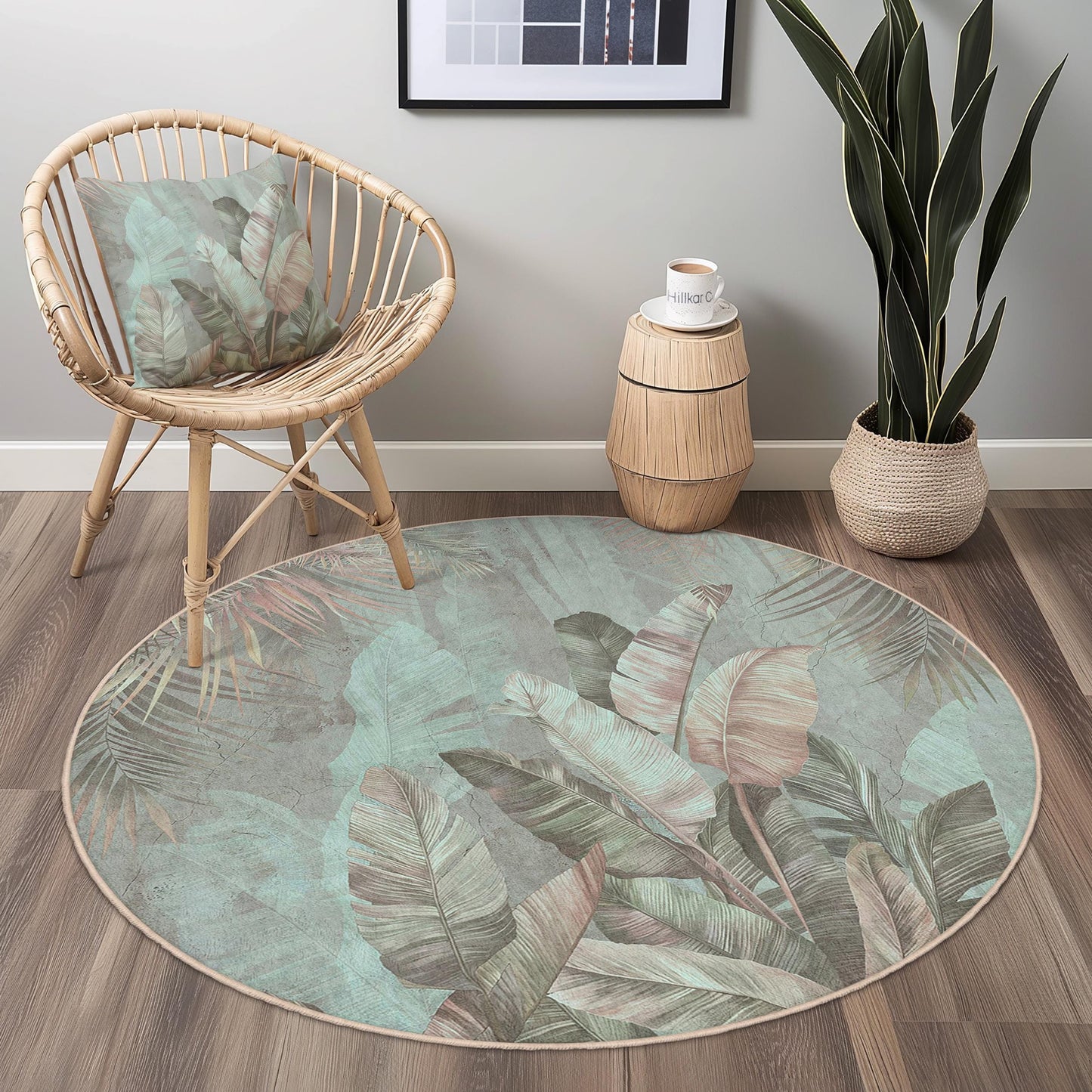 Tropical Leaves Round Area Rug, Botanical Circle Rug, Green Leaf Round Carpet, Bohemian Home Decor, Living Room Floor Mat