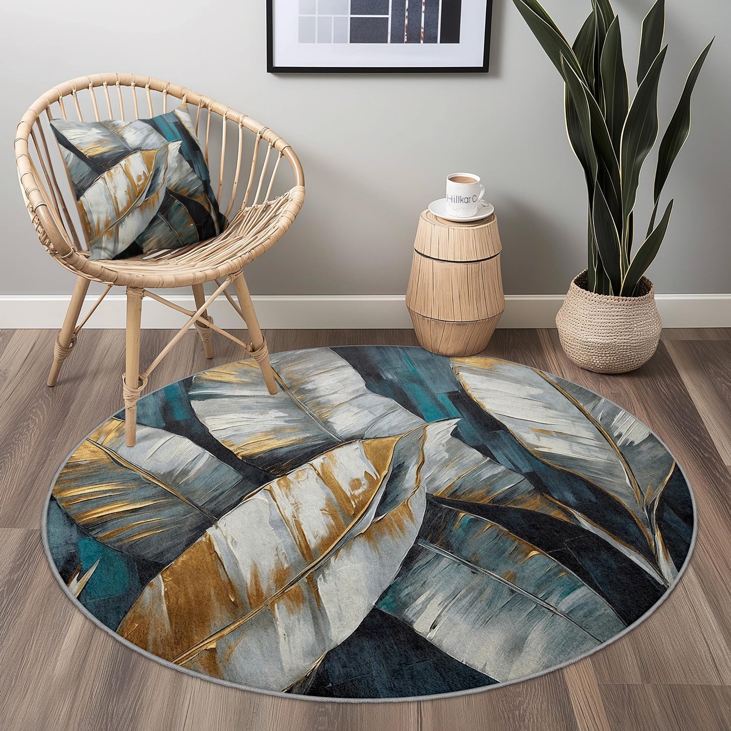 Elegant Gold Leaf Round Area Rug, Modern Leaf Design Carpet, Round Living Room Rug, Decorative Round Rug, Boho Chic Home Decor