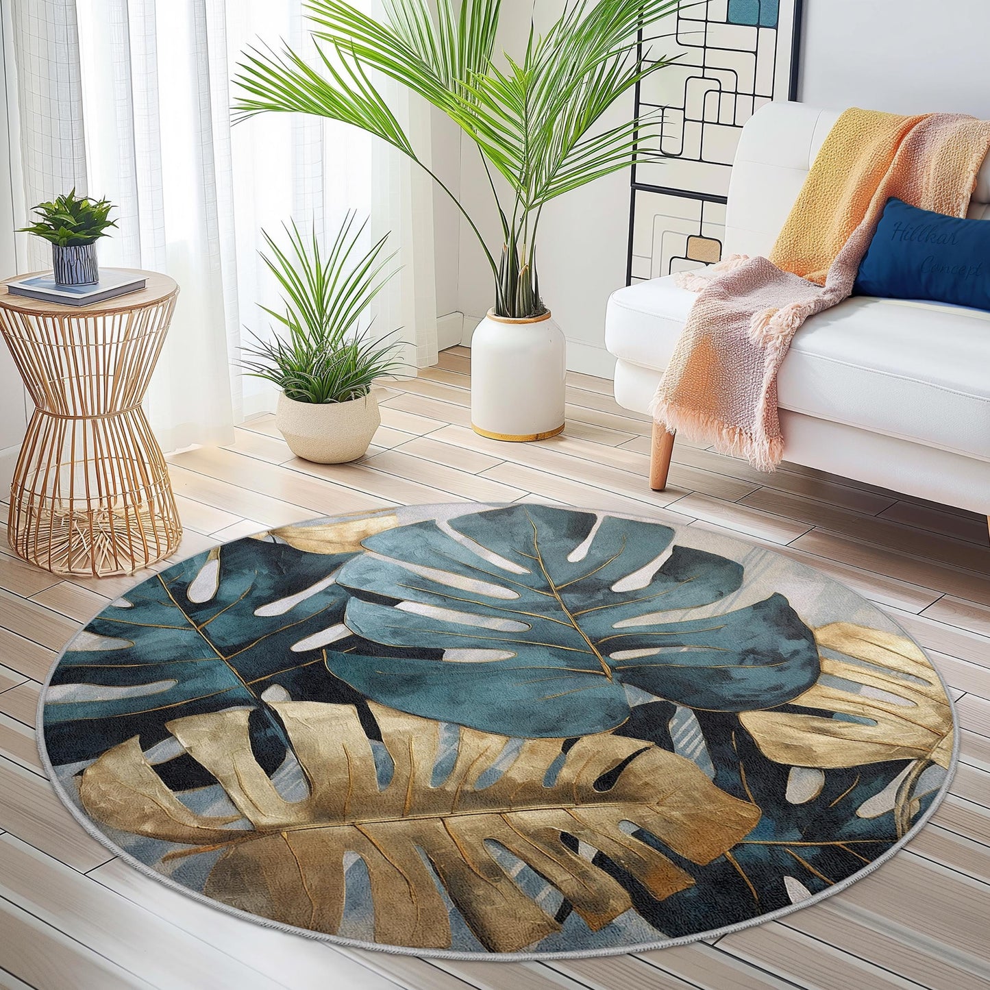 Tropical Monstera Leaf Round Area Rug, Bohemian Home Decor, Round Rug for Living Room, Leaf Print Carpet, Stylish Indoor Rug