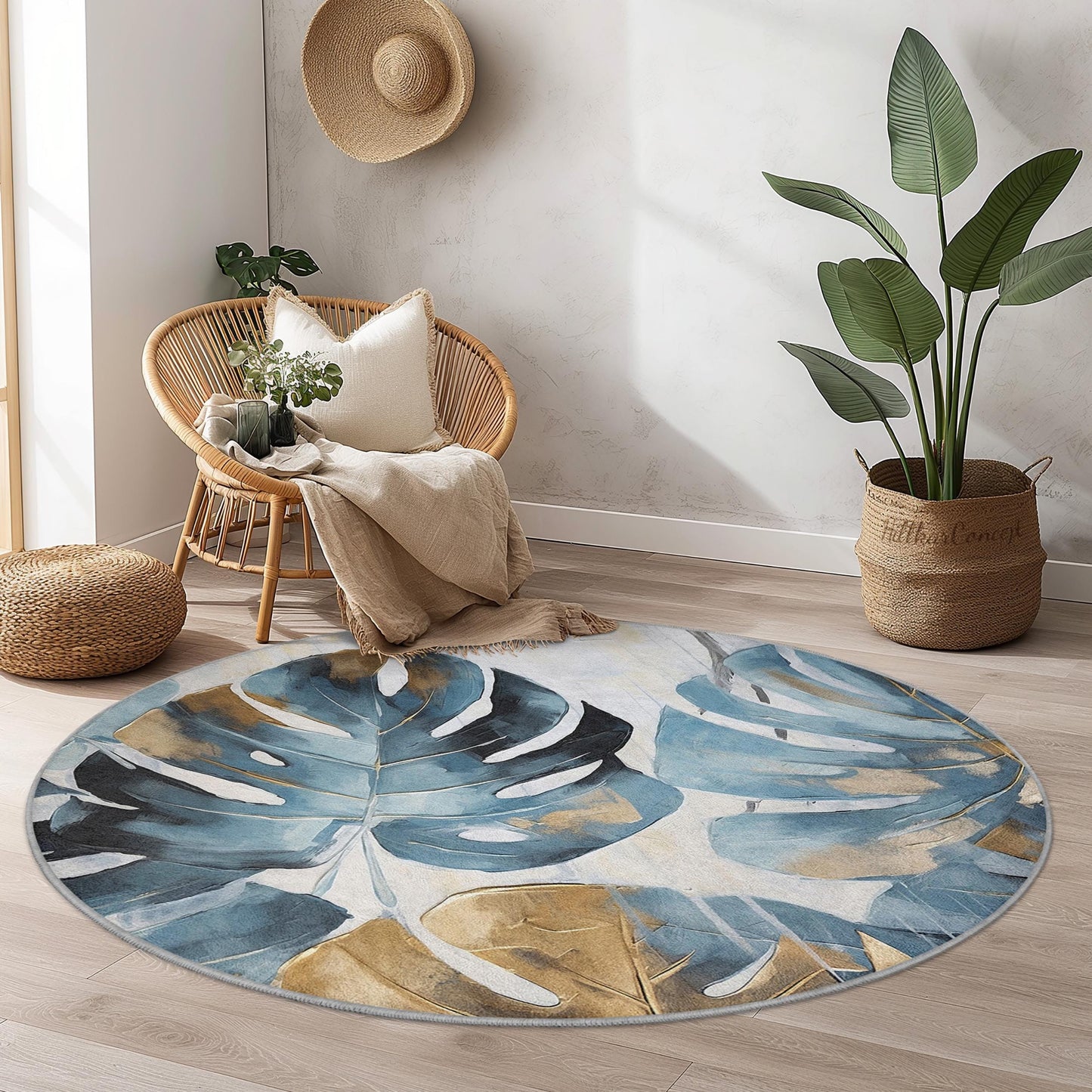 Tropical Leaf Round Area Rug, Blue and Gold Monstera Leaf Rug, Boho Chic Decor, Living Room Carpet, Round Plant Rug for Home