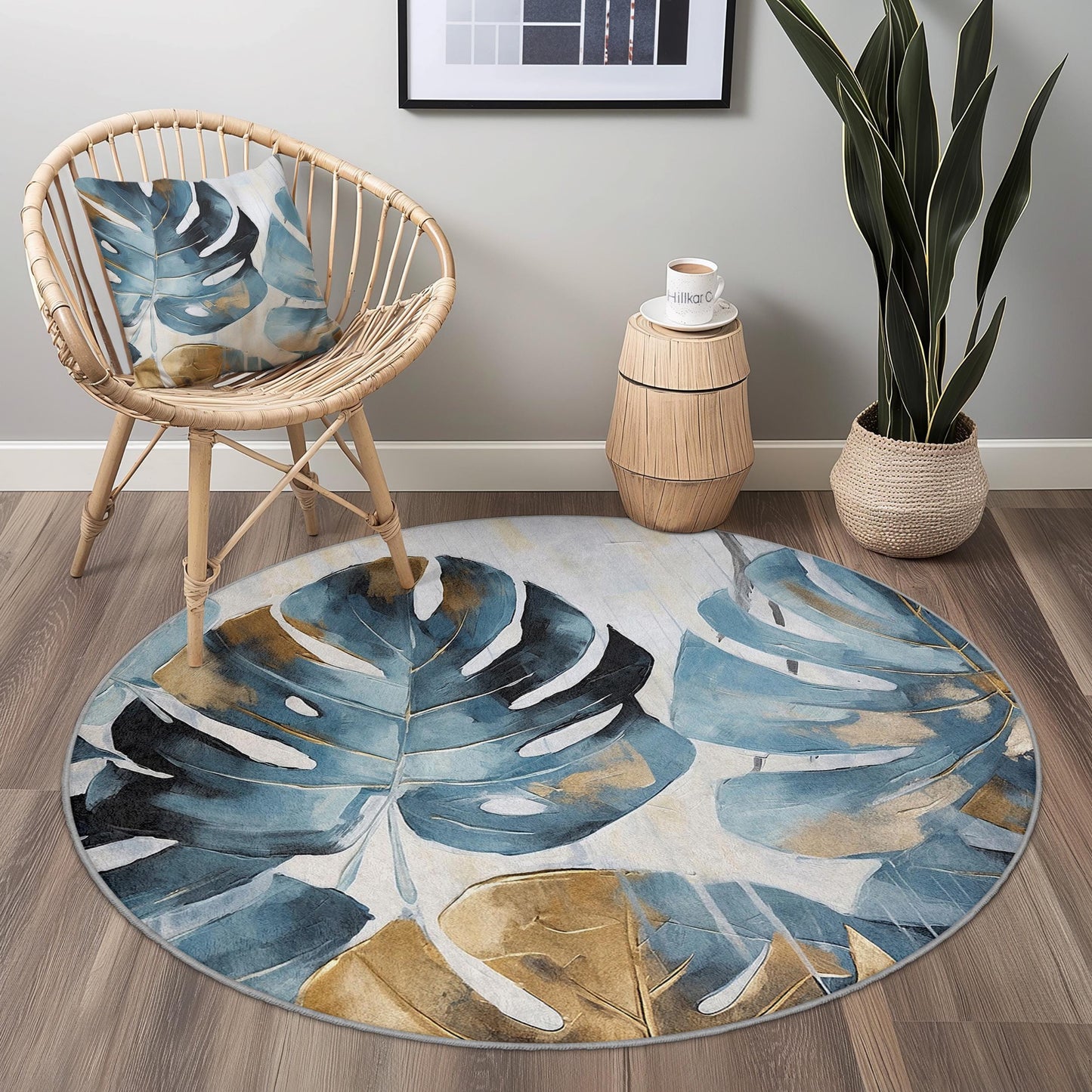 Tropical Leaf Round Area Rug, Blue and Gold Monstera Leaf Rug, Boho Chic Decor, Living Room Carpet, Round Plant Rug for Home