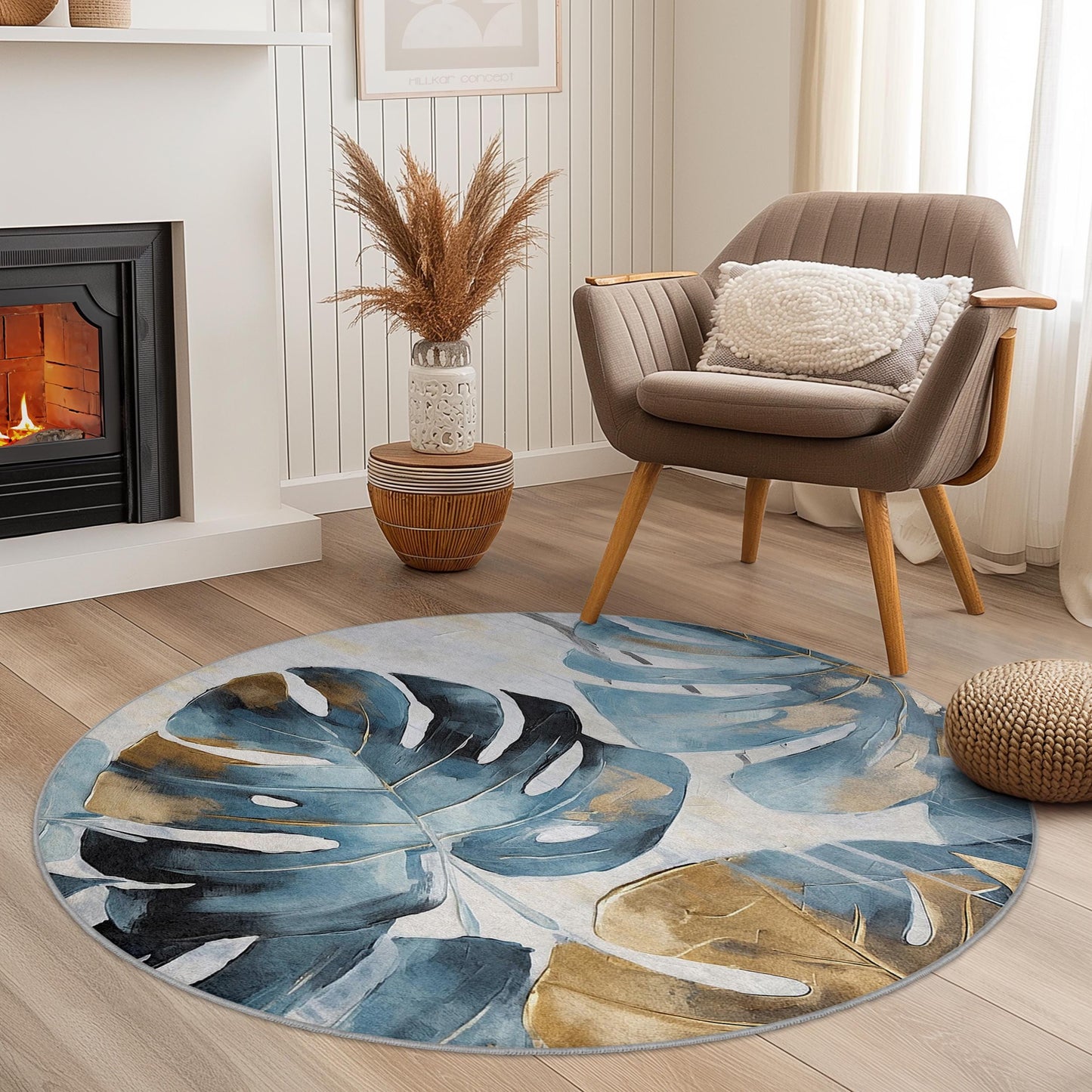 Tropical Leaf Round Area Rug, Blue and Gold Monstera Leaf Rug, Boho Chic Decor, Living Room Carpet, Round Plant Rug for Home