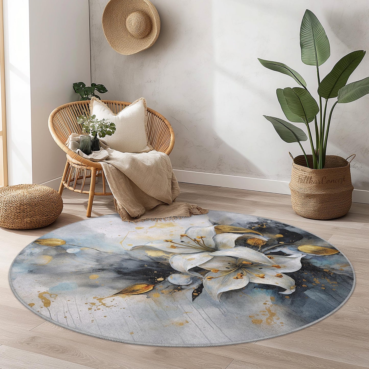 Elegant Floral Round Area Rug, Soft Lily Design Carpet, Modern Round Rug for Living Room, Bedroom, Home Decor, Unique Accent Rug