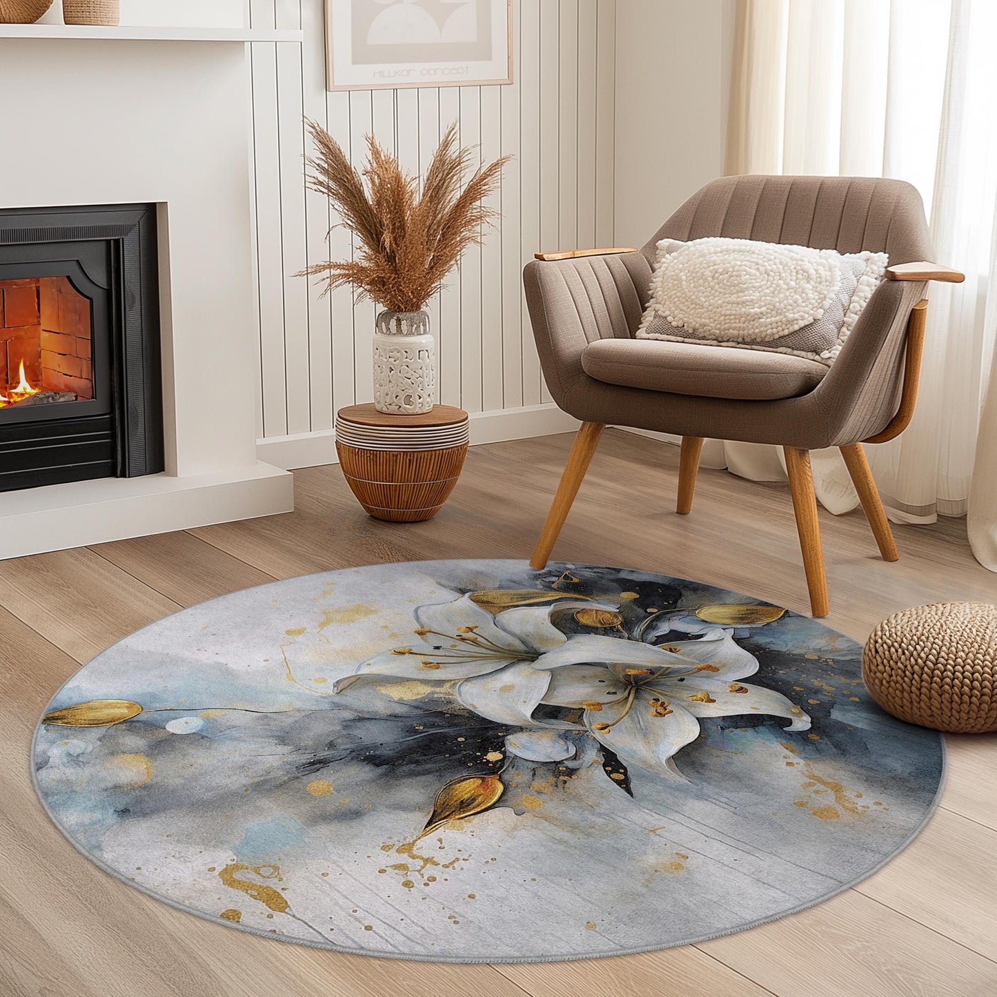 Elegant Floral Round Area Rug, Soft Lily Design Carpet, Modern Round Rug for Living Room, Bedroom, Home Decor, Unique Accent Rug
