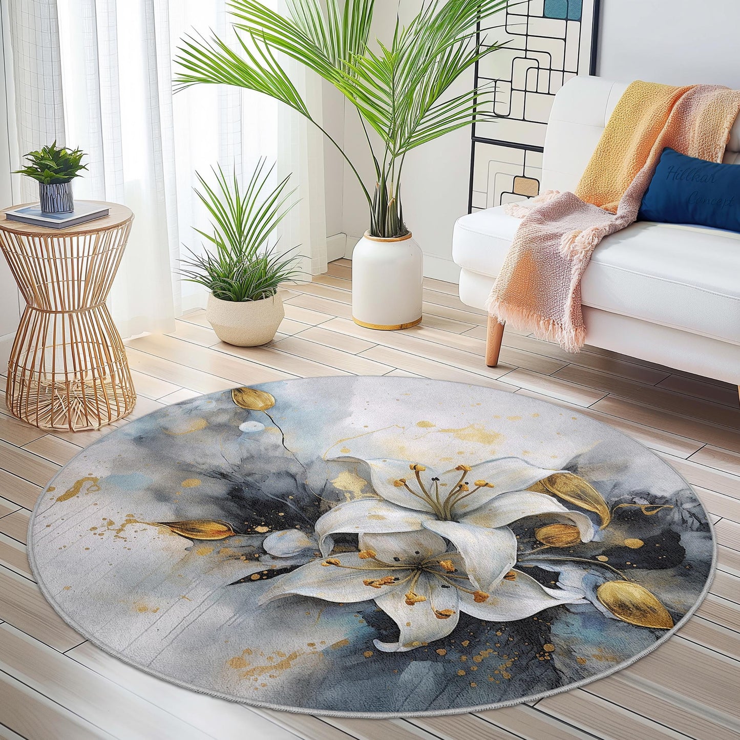 Elegant Floral Round Area Rug, Soft Lily Design Carpet, Modern Round Rug for Living Room, Bedroom, Home Decor, Unique Accent Rug